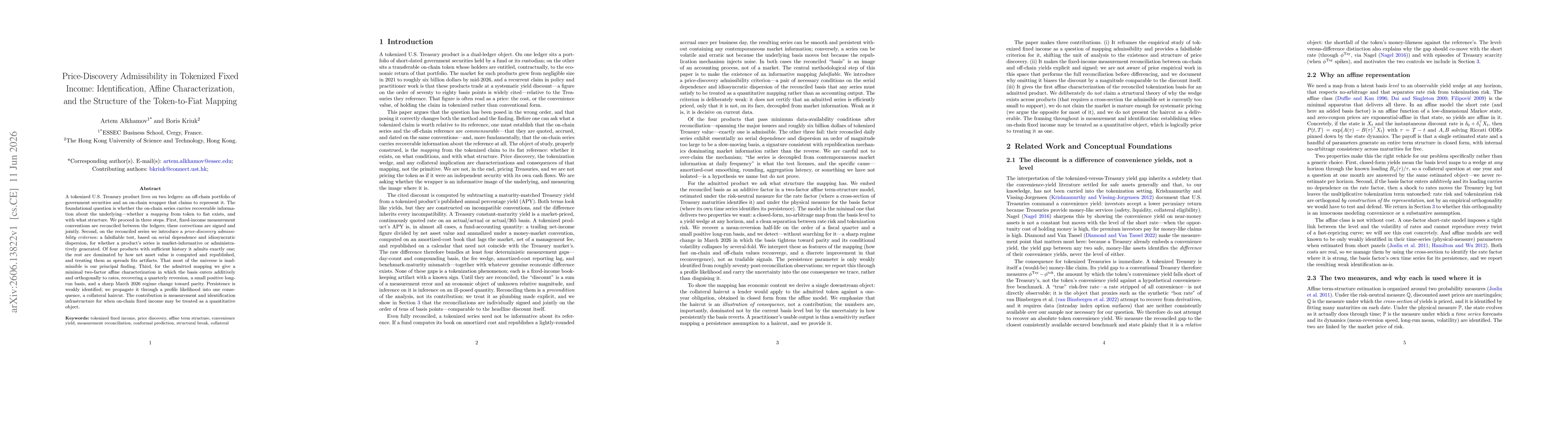 Thumbnail for Price-Discovery Admissibility in Tokenized Fixed Income: Identification, Affine Characterization, and the Structure of the Token-to-Fiat Mapping