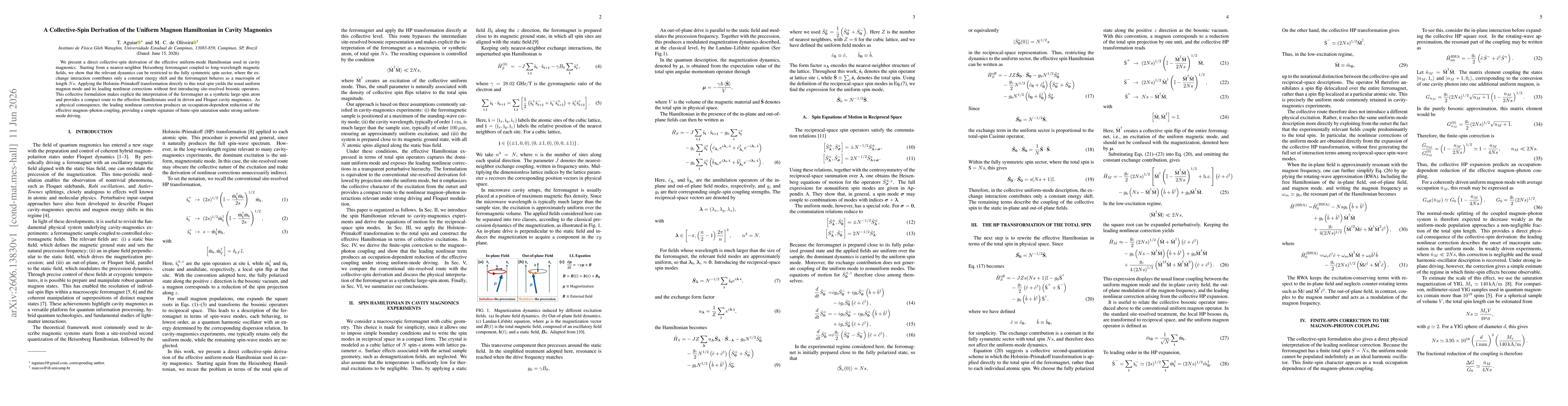 Thumbnail for A Collective-Spin Derivation of the Uniform Magnon Hamiltonian in Cavity Magnonics