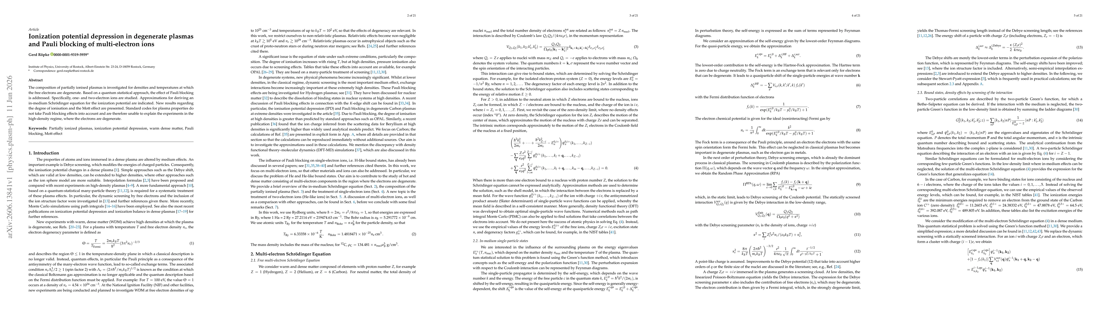 Thumbnail for Ionization potential depression in degenerate plasmas and Pauli blocking of multi-electron ions
