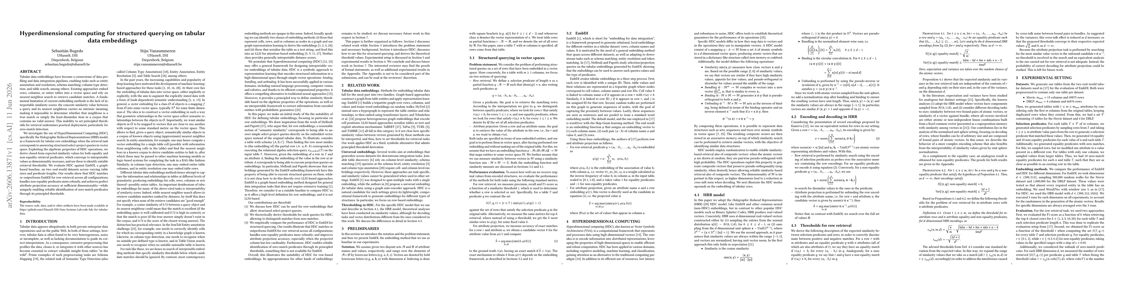 Thumbnail for Hyperdimensional computing for structured querying on tabular data embeddings