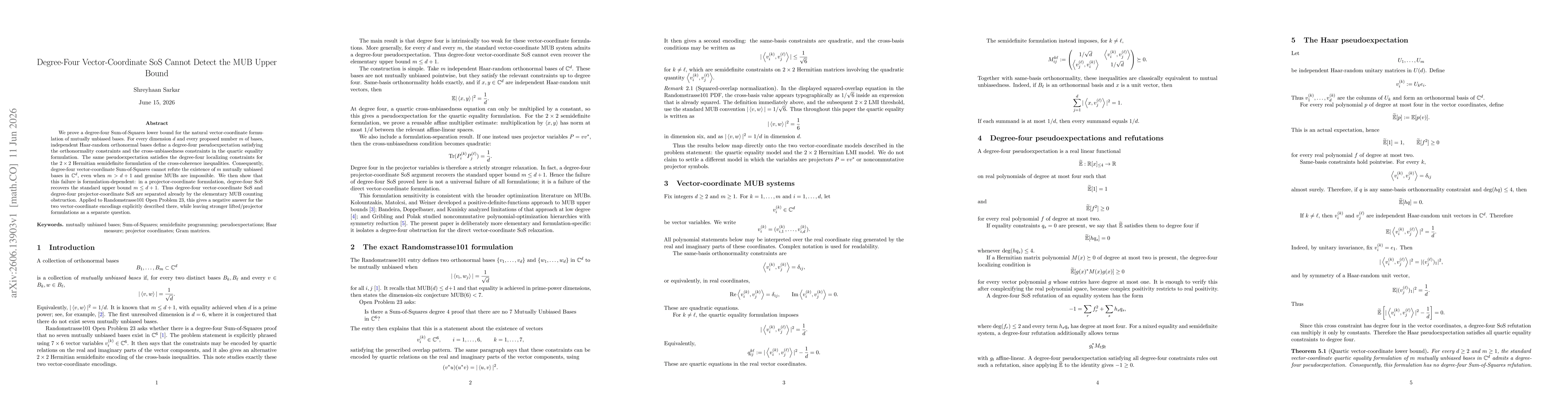 Thumbnail for Degree-Four Vector-Coordinate SoS Cannot Detect the MUB Upper Bound