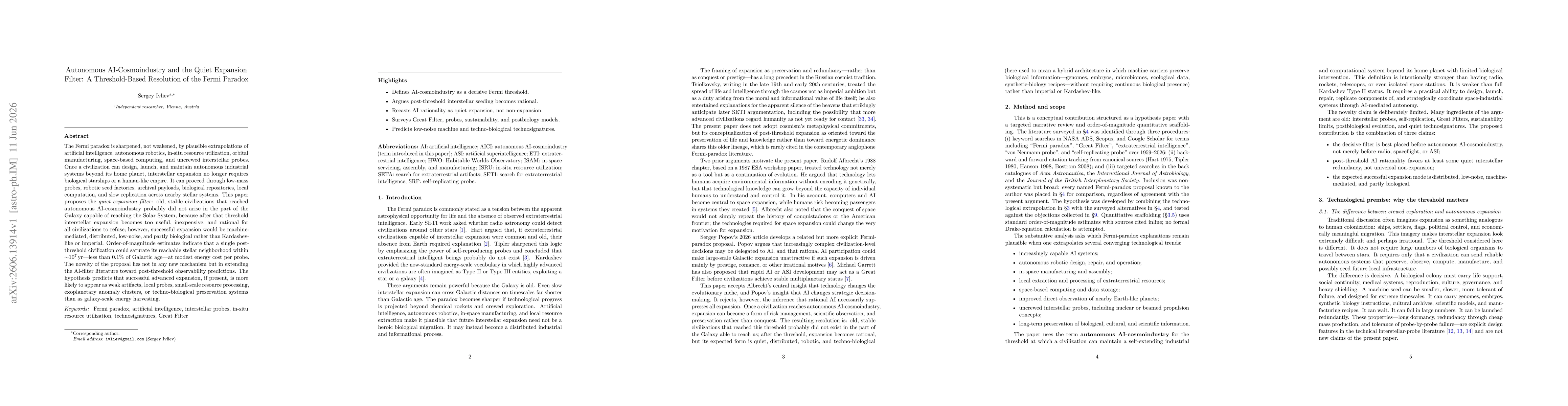 Thumbnail for Autonomous AI-Cosmoindustry and the Quiet Expansion Filter: A Threshold-Based Resolution of the Fermi Paradox