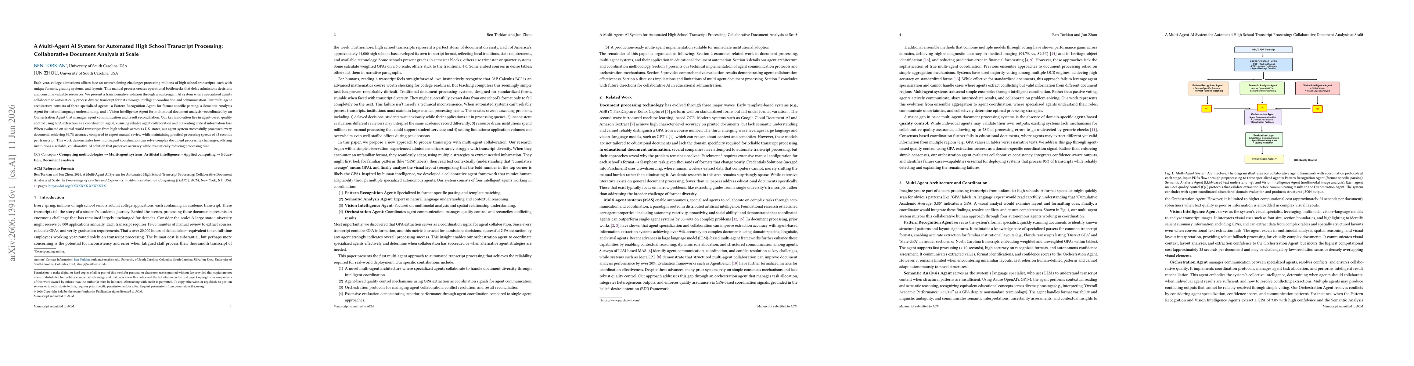 Thumbnail for A Multi-Agent AI System for Automated High School Transcript Processing: Collaborative Document Analysis at Scale