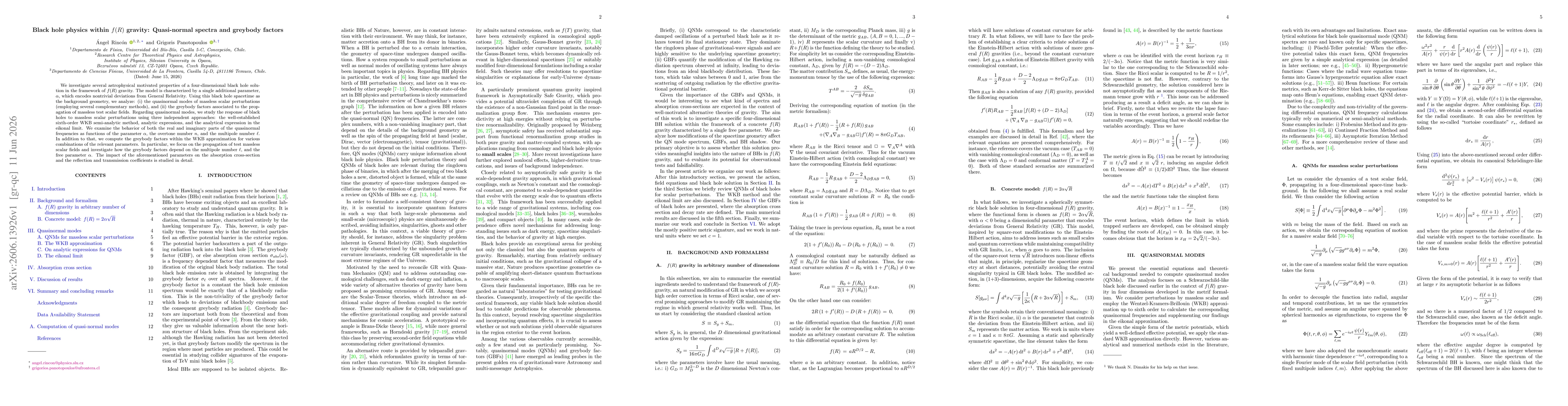 Thumbnail for Black hole physics within $f(R)$ gravity: Quasi-normal spectra and greybody factors