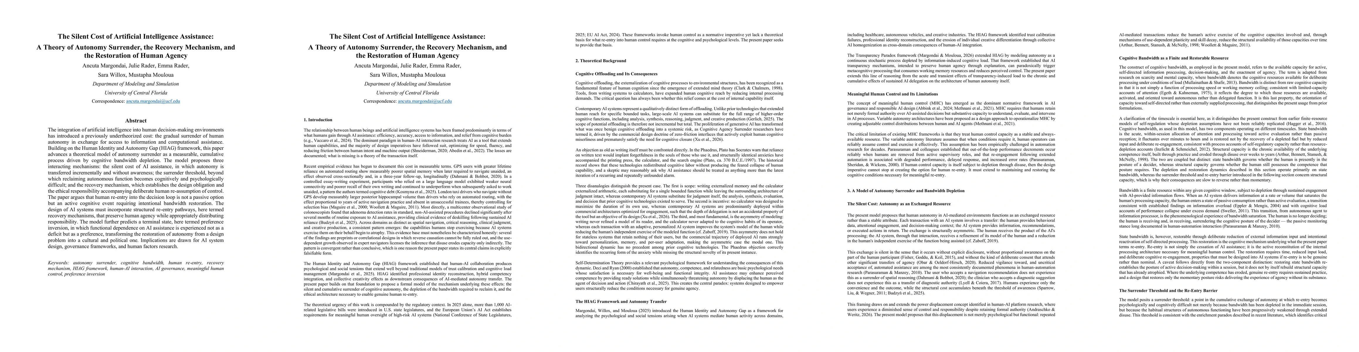 Thumbnail for The Silent Cost of Artificial Intelligence Assistance: A Theory of Autonomy Surrender, the Recovery Mechanism, and the Restoration of Human Agency