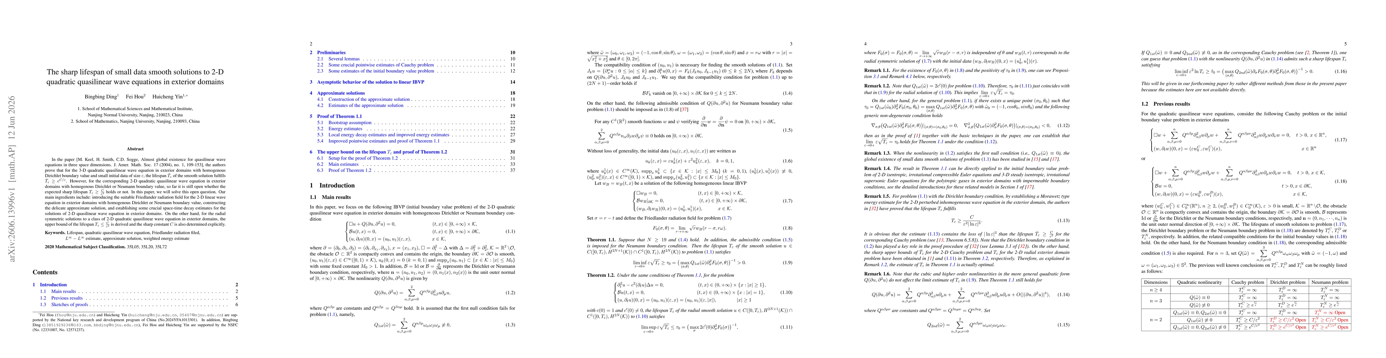 Thumbnail for The sharp lifespan of small data smooth solutions to 2-D quadratic quasilinear wave equations in exterior domains