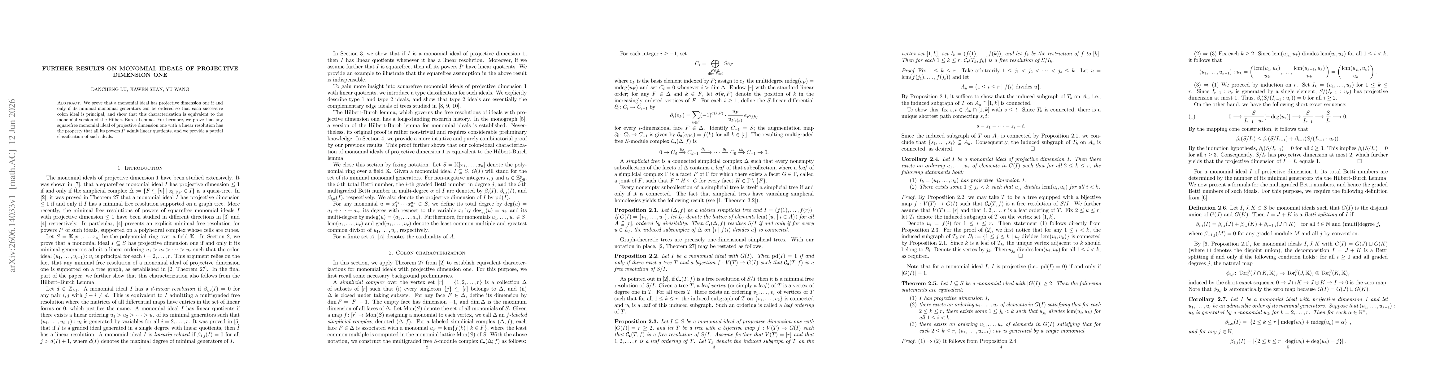 Thumbnail for Further results on monomial ideals of projective dimension one