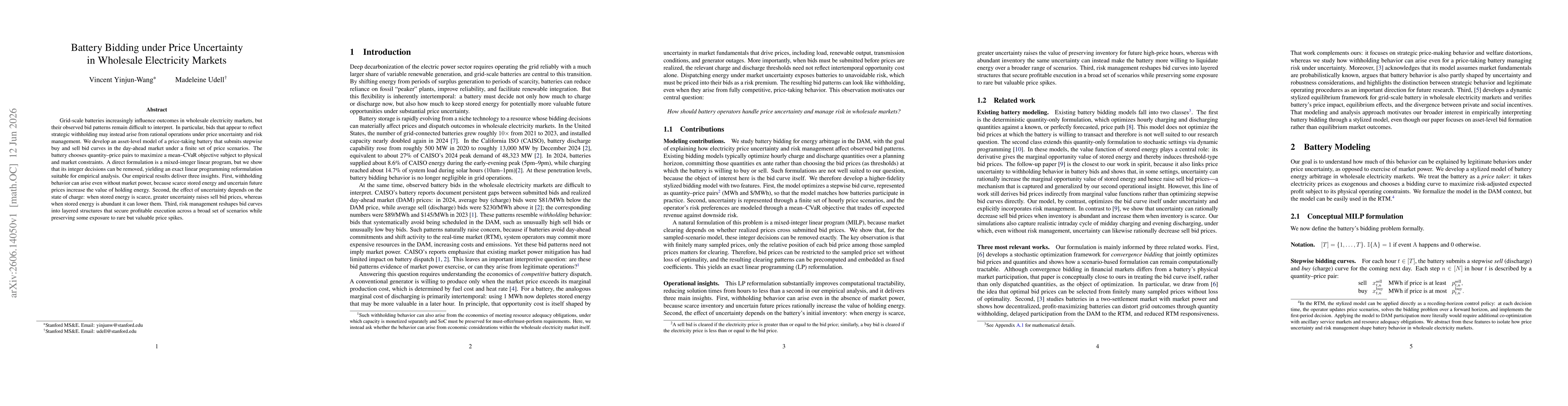 Thumbnail for Battery Bidding under Price Uncertainty in Wholesale Electricity Markets
