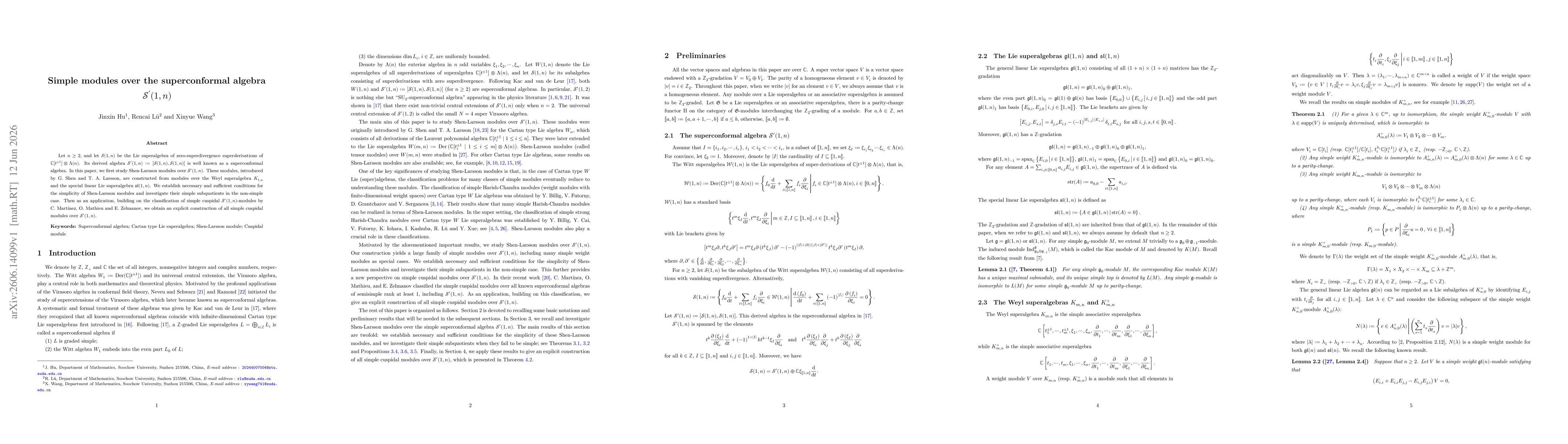 Thumbnail for Simple modules over the superconformal algebra $\mathcal{S}^{\prime}(1,n)$