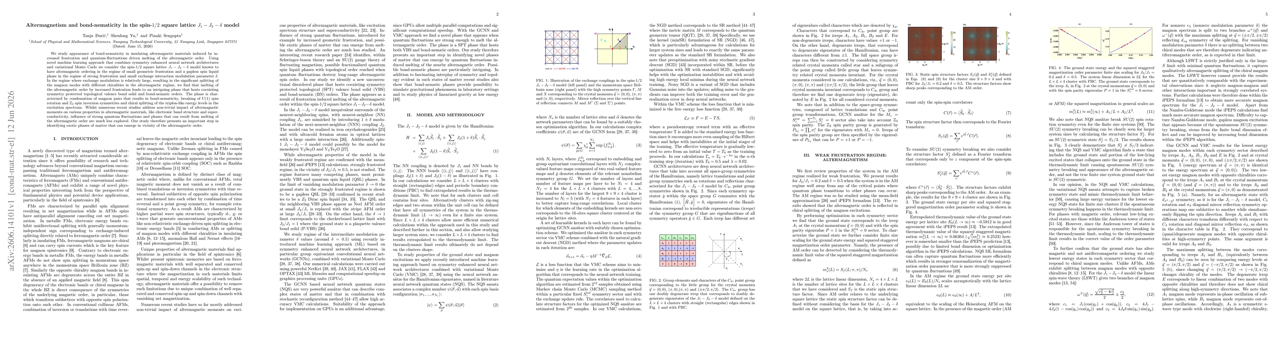 Thumbnail for Altermagnetism and bond-nematicity in the spin-$1/2$ square lattice $J_1-J_2-δ$ model