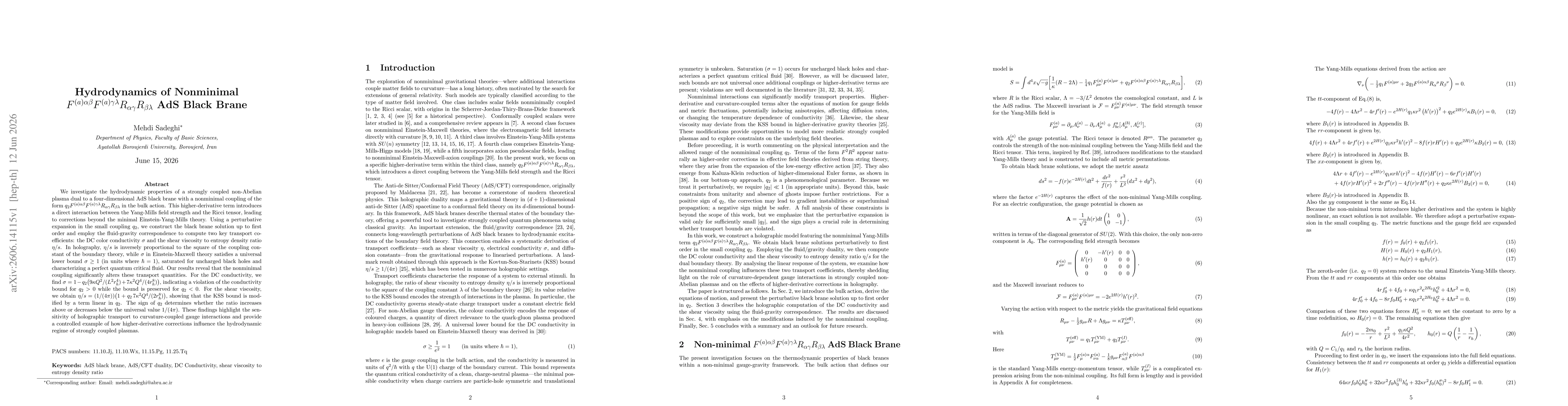 Thumbnail for Hydrodynamics of Nonminimal $F^{(a)αβ} F^{(a)γλ} R_{αγ} R_{βλ}$ AdS Black Brane