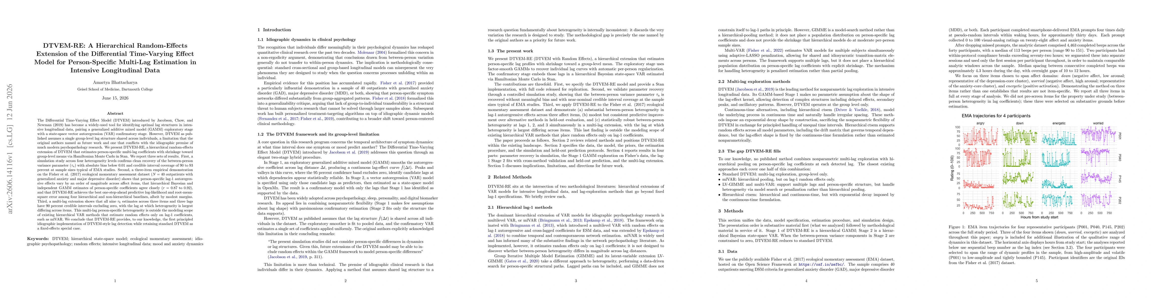 Thumbnail for DTVEM-RE: A Hierarchical Random-Effects Extension of the Differential Time-Varying Effect Model for Person-Specific Multi-Lag Estimation in Intensive Longitudinal Data