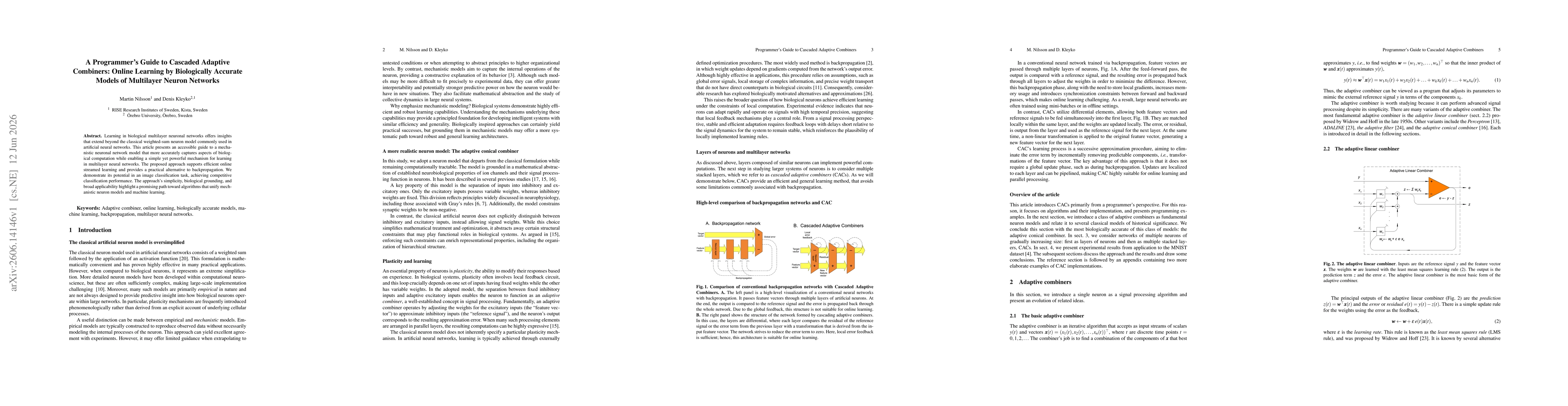 Thumbnail for A Programmer's Guide to Cascaded Adaptive Combiners: Online Learning by Biologically Accurate Models of Multilayer Neuron Networks
