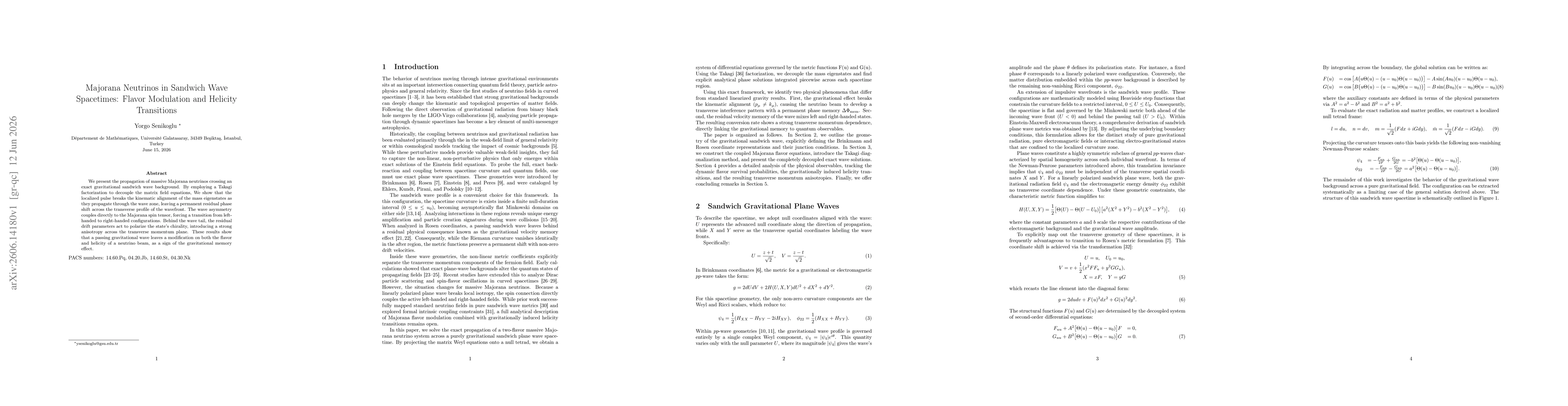 Thumbnail for Majorana Neutrinos in Sandwich Wave Spacetimes: Flavor Modulation and Helicity Transitions