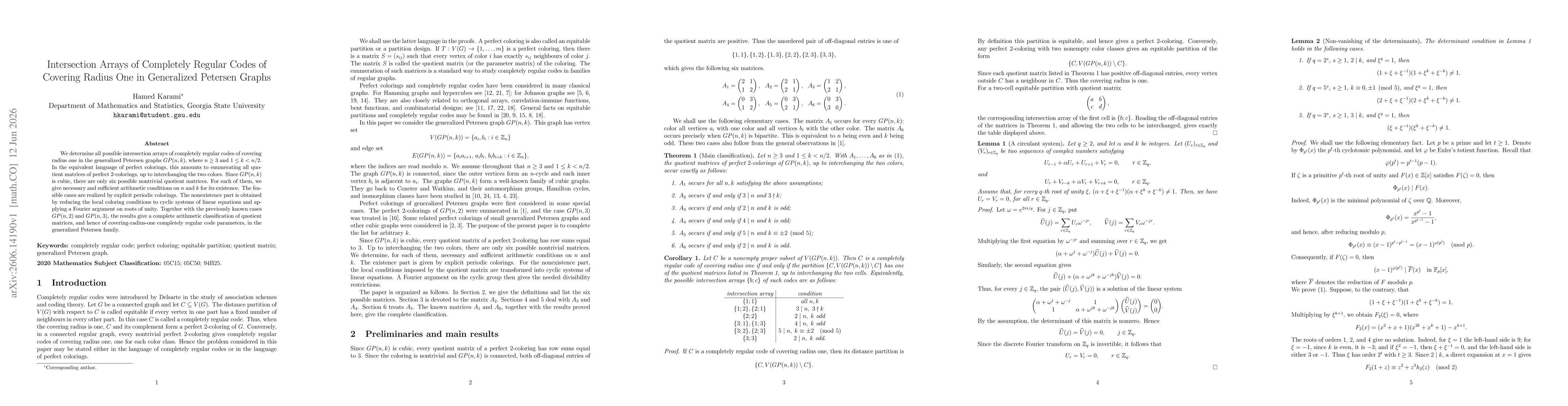 Thumbnail for Intersection Arrays of Completely Regular Codes of Covering Radius One in Generalized Petersen Graphs