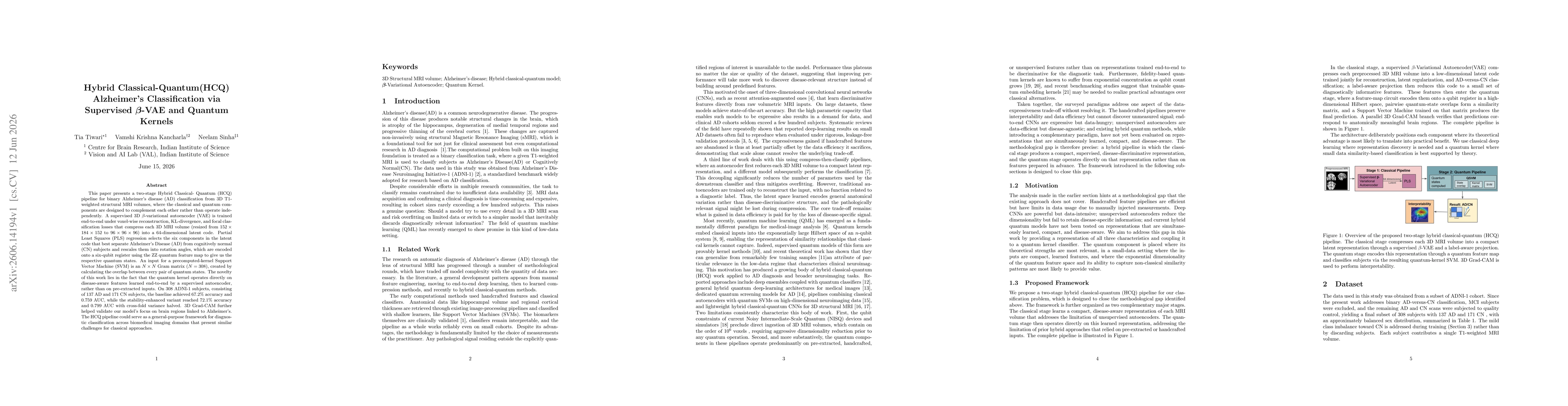 Thumbnail for Hybrid Classical-Quantum (HCQ) Alzheimer's Classification via Supervised $β$-VAE and Quantum Kernels