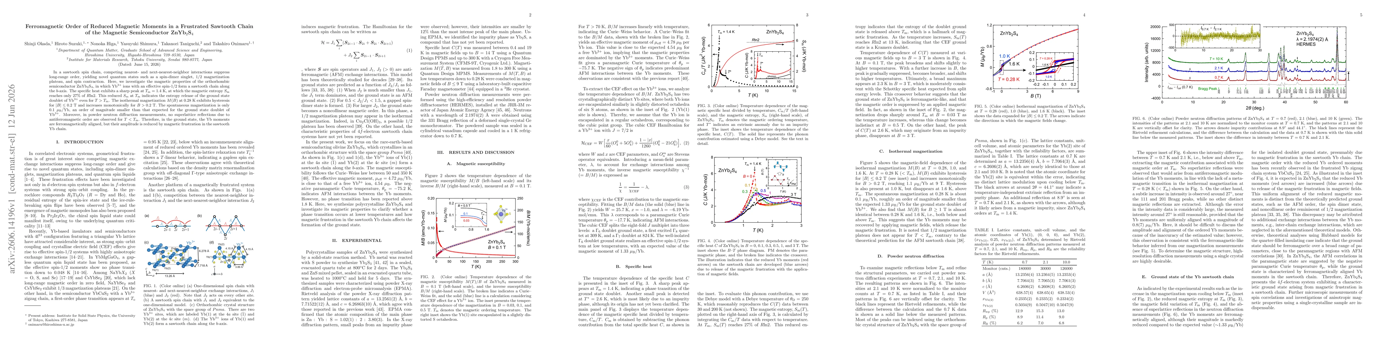 Thumbnail for Ferromagnetic Order of Reduced Magnetic Moments in a Frustrated Sawtooth Chain of the Magnetic Semiconductor ZnYb$_2$S$_4$