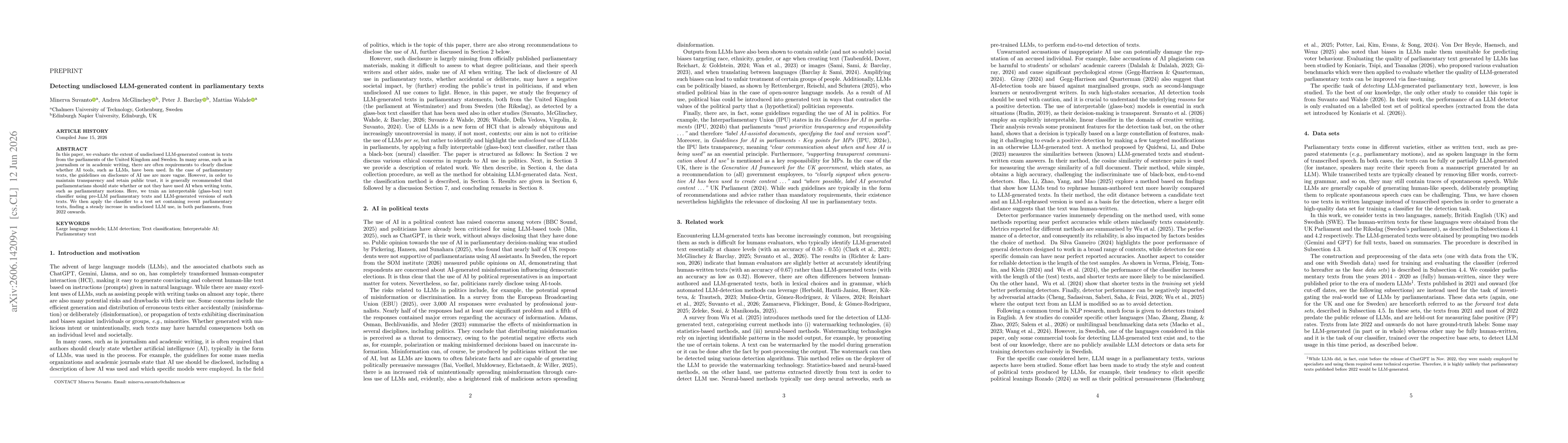 Thumbnail for Detecting undisclosed LLM-generated content in parliamentary texts
