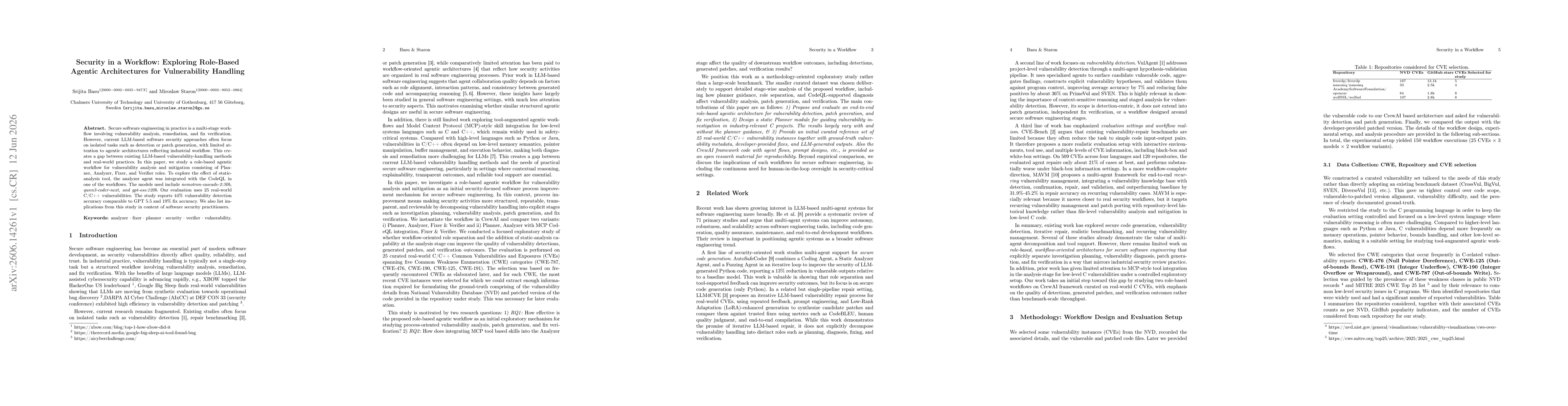 Thumbnail for Security in a Workflow: Exploring Role-Based Agentic Architectures for Vulnerability Handling