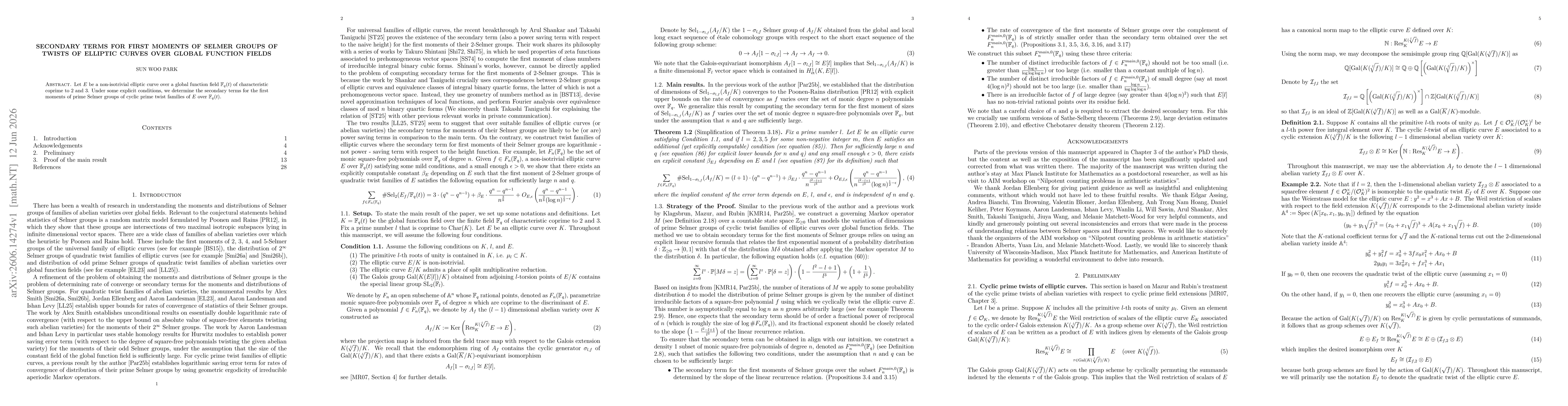 Thumbnail for Secondary terms for first moments of Selmer groups of twists of elliptic curves over global function fields