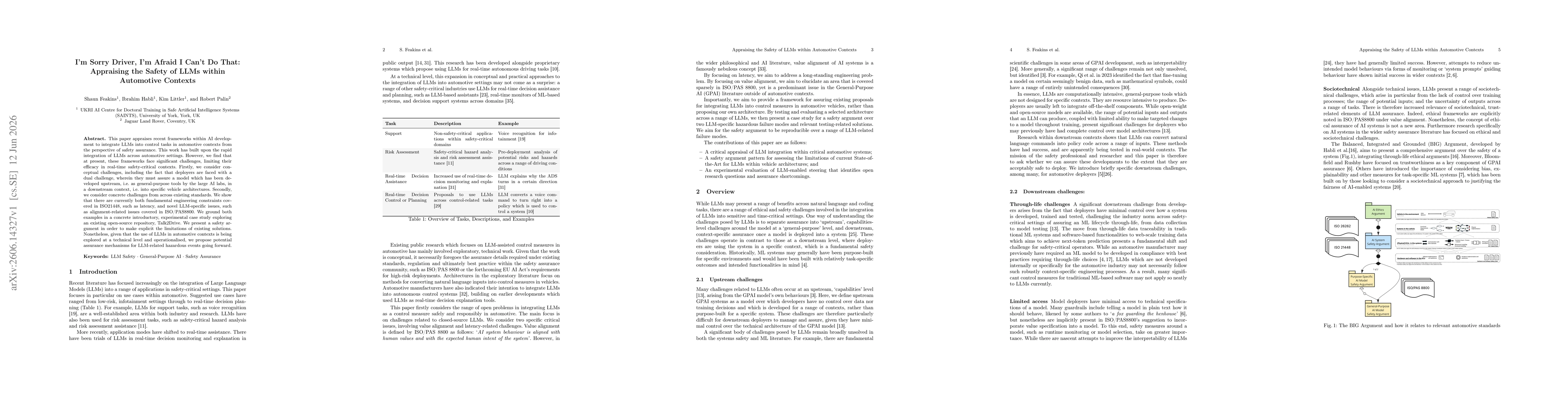 Thumbnail for I'm Sorry Driver, I'm Afraid I Can't Do That: Appraising the Safety of LLMs within Automotive Contexts
