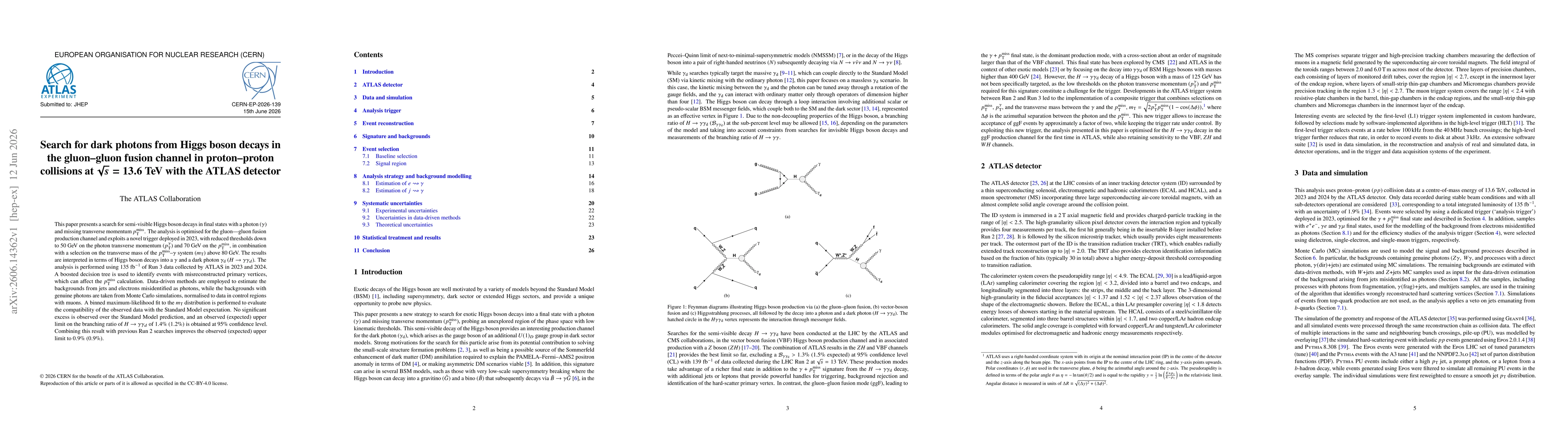 Thumbnail for Search for dark photons from Higgs boson decays in the gluon-gluon fusion channel in proton-proton collisions at $\sqrt{s}=13.6$ TeV with the ATLAS detector