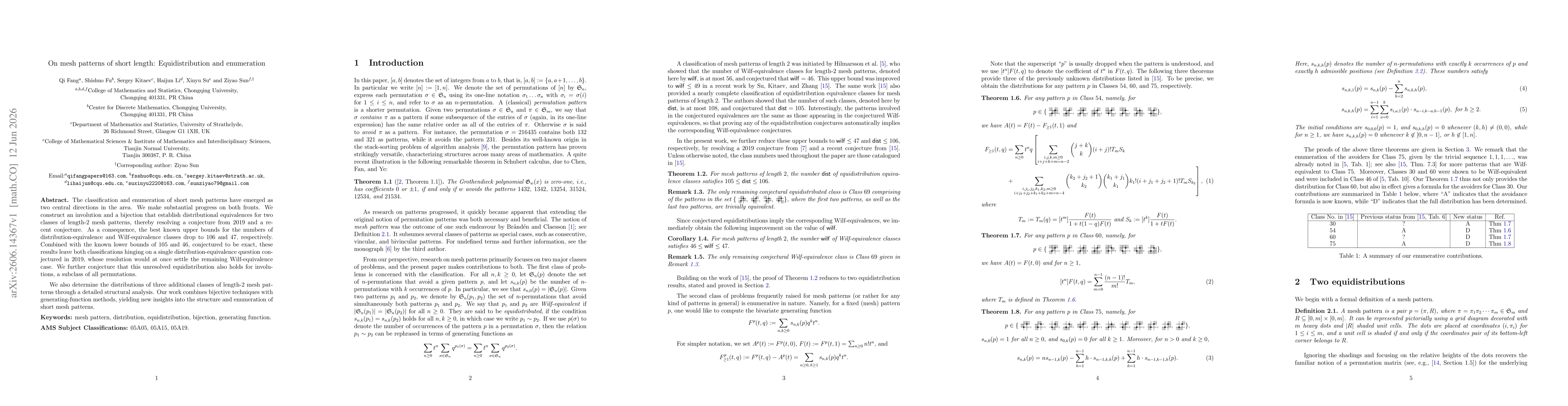 Thumbnail for On mesh patterns of short length: Equidistribution and enumeration