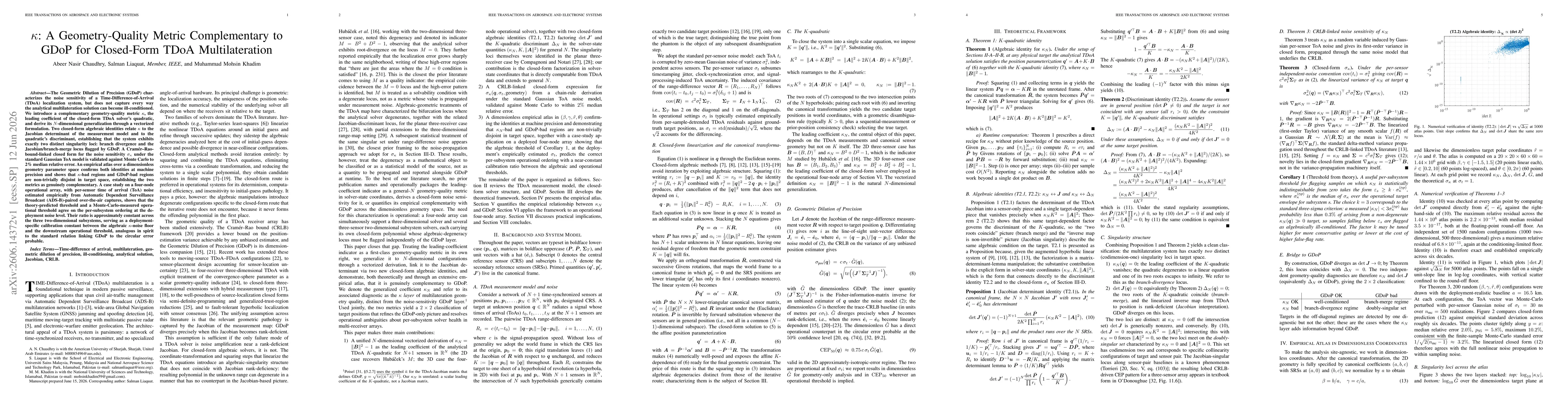 Thumbnail for $κ$: A Geometry-Quality Metric Complementary to GDoP for Closed-Form TDoA Multilateration