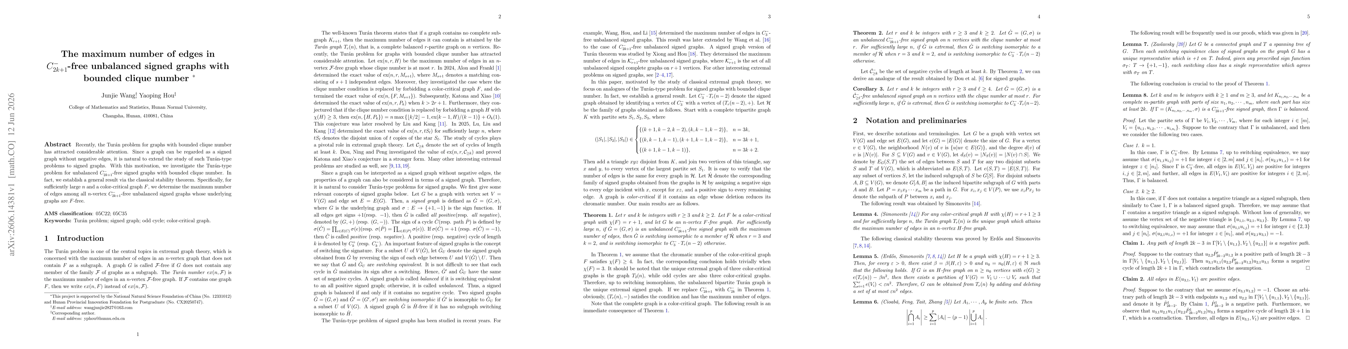 Thumbnail for The maximum number of edges in $C_{2k+1}^{-}$-free unbalanced signed graphs with bounded clique number