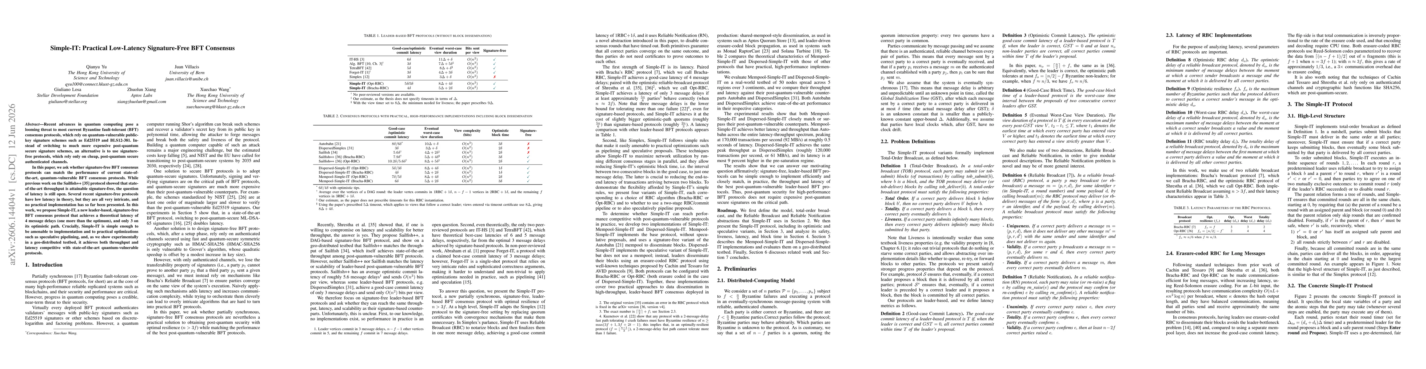 Thumbnail for Simple-IT: Practical Low-Latency Signature-Free BFT Consensus