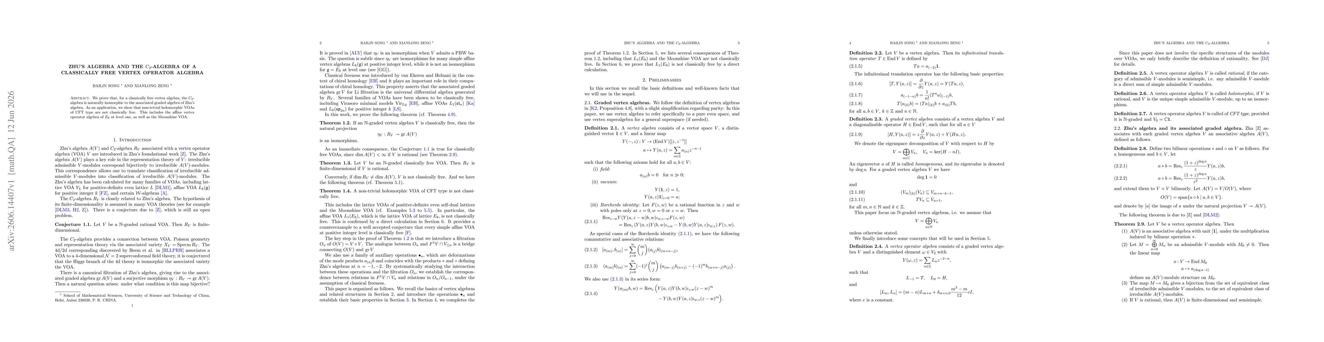 Thumbnail for Zhu's algebra and the $C_2$-algebra of a classically free vertex operator algebra