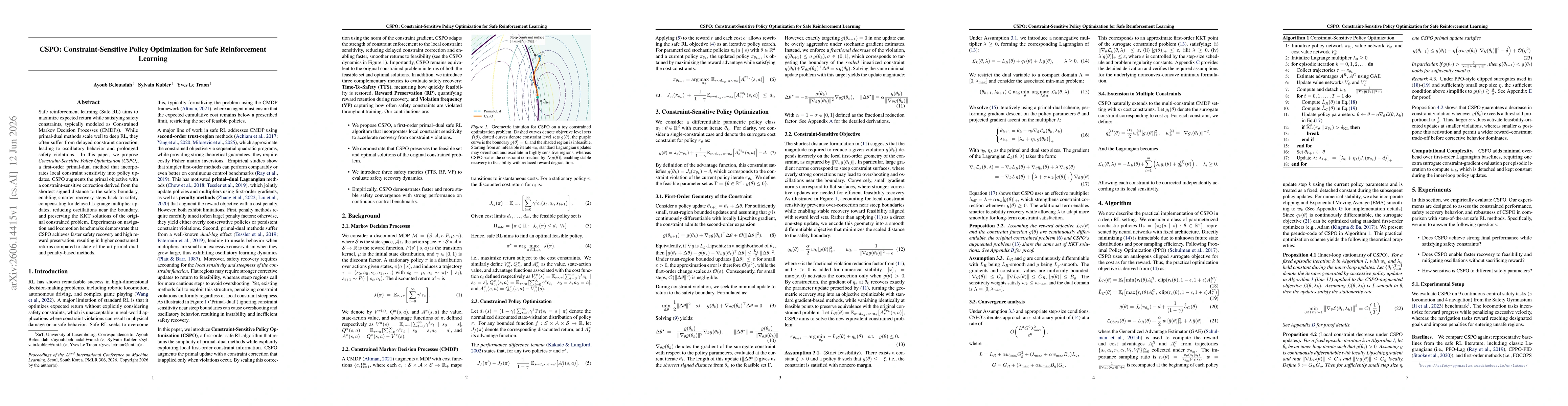 Thumbnail for CSPO: Constraint-Sensitive Policy Optimization for Safe Reinforcement Learning