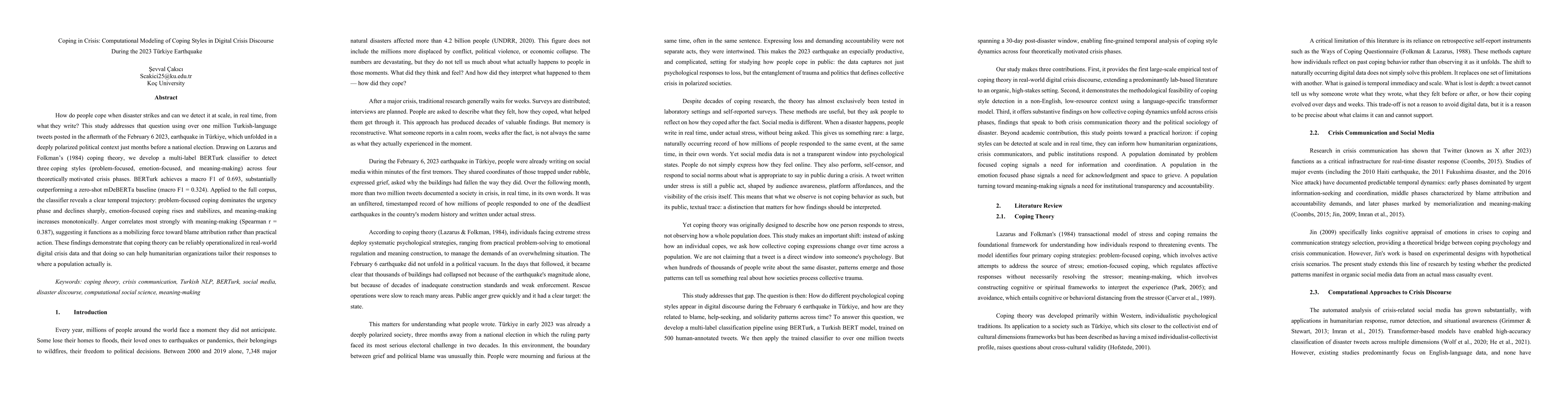 Thumbnail for Coping in Crisis: Computational Modeling of Coping Styles in Digital Crisis Discourse During the 2023 Turkiye Earthquake