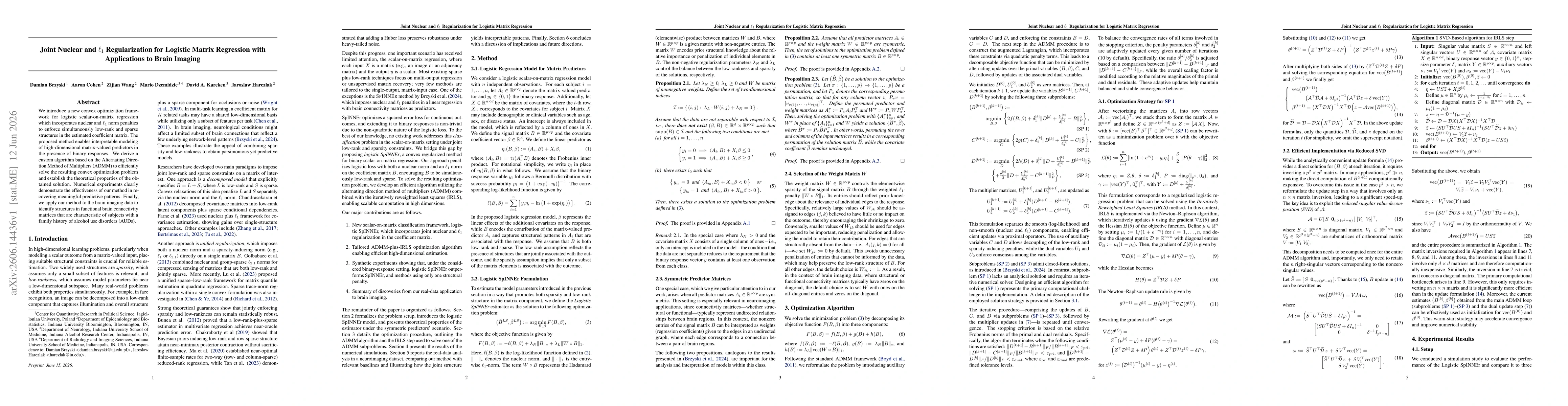Thumbnail for Joint Nuclear and $\ell_1$ Regularization for Logistic Matrix Regression with Applications to Brain Imaging