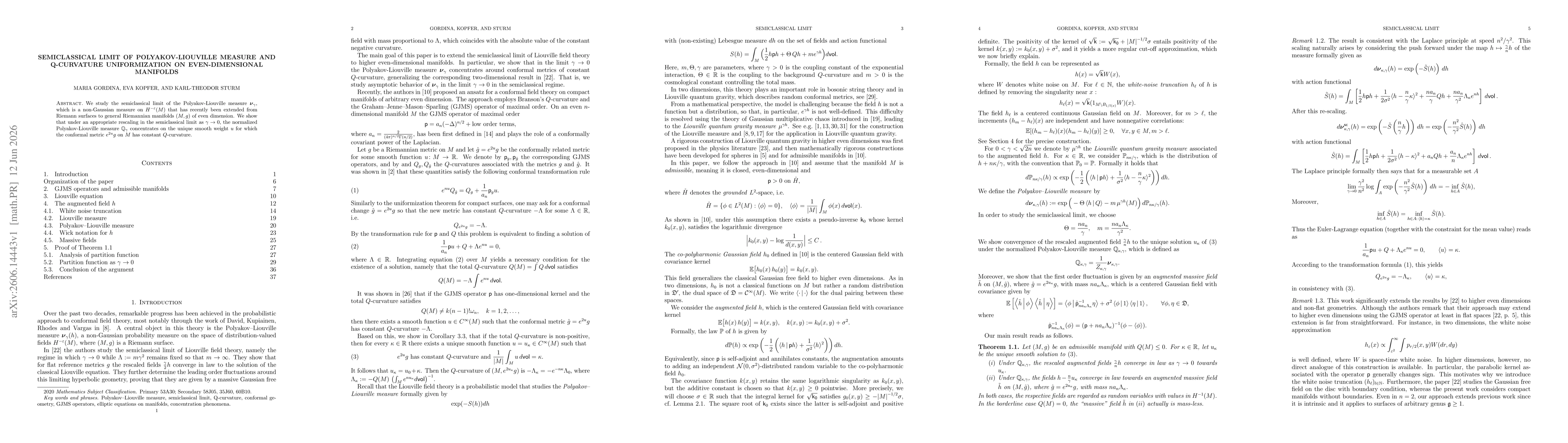 Thumbnail for Semiclassical limit of Polyakov-Liouville measure and Q-Curvature Uniformization on evev-dimensional manifolds