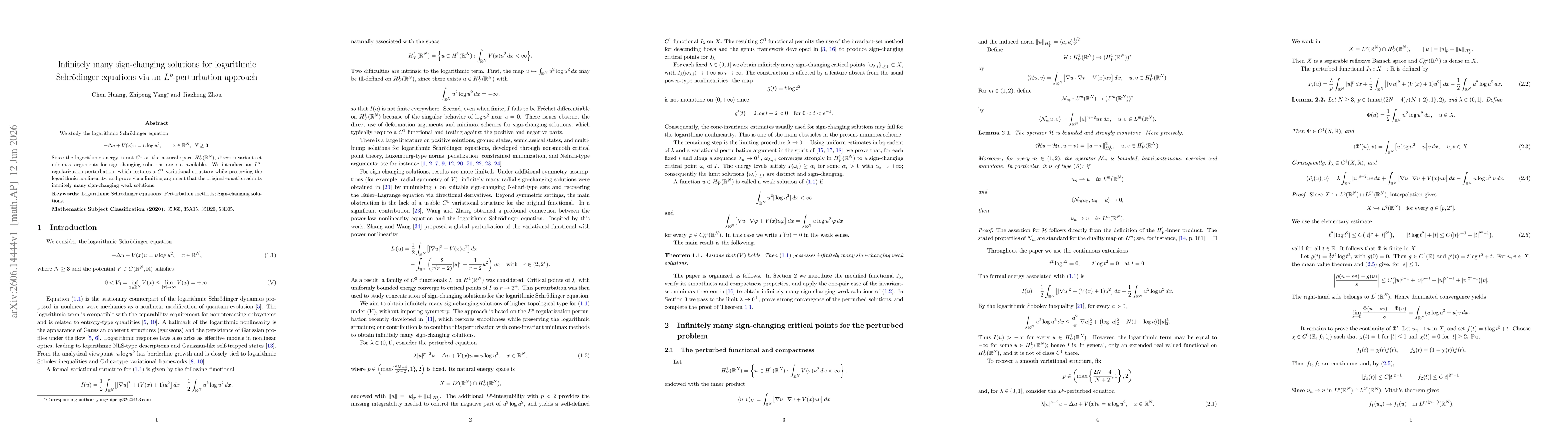Thumbnail for Infinitely many sign-changing solutions for logarithmic Schrödinger equations via an \(L^p\)-perturbation approach