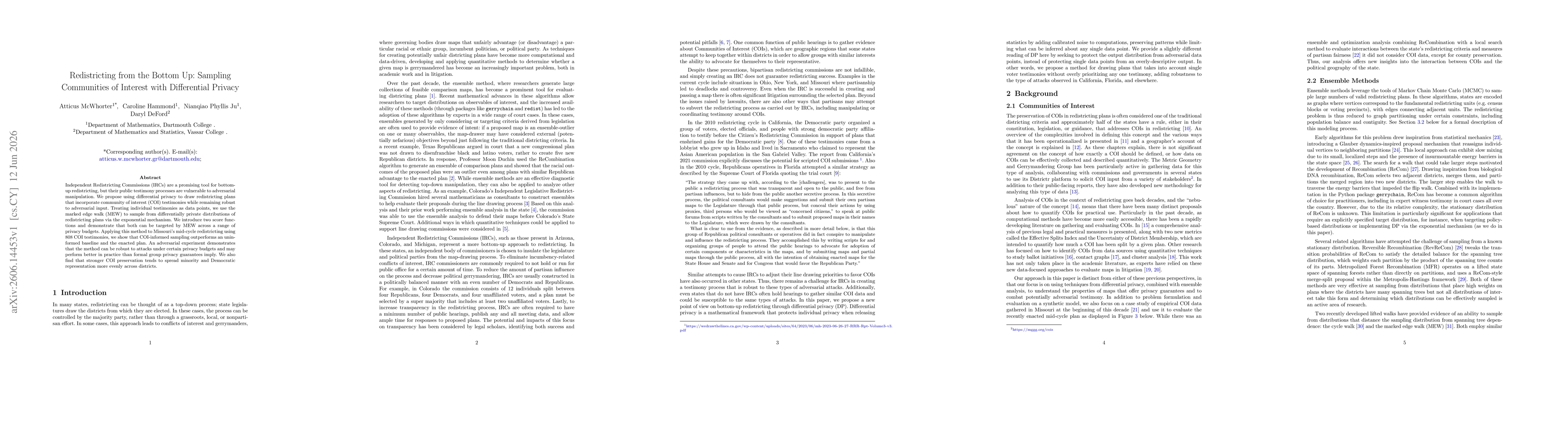 Thumbnail for Redistricting from the Bottom Up: Sampling Communities of Interest with Differential Privacy