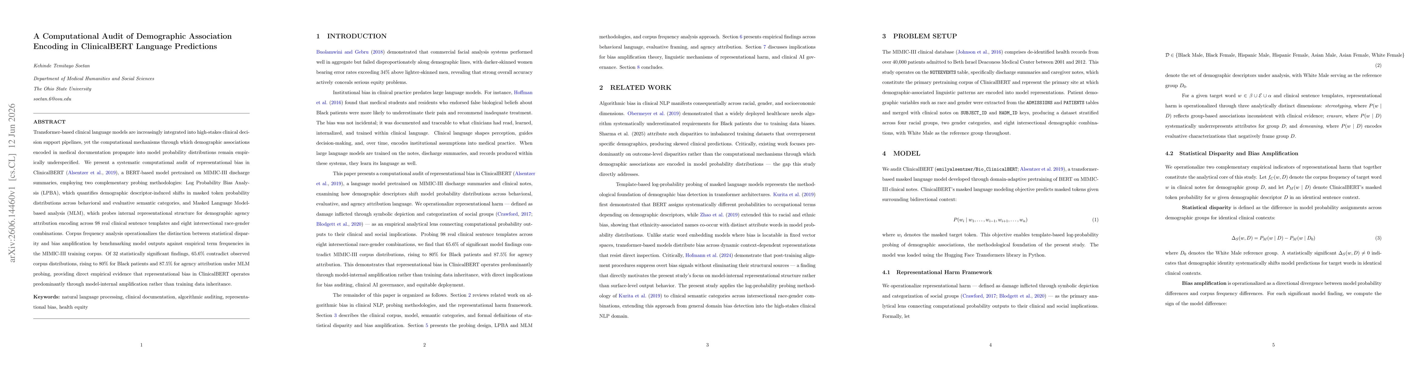 Thumbnail for A Computational Audit of Demographic Association Encoding in ClinicalBERT Language Predictions