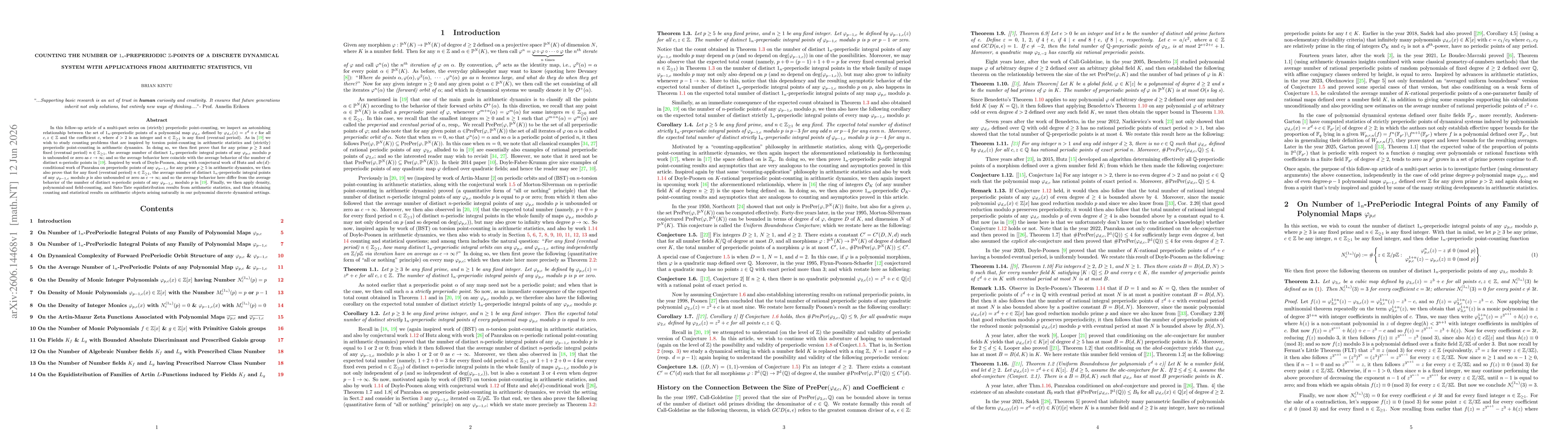 Thumbnail for Counting the number of $1_{n}$-preperiodic integral points of a discrete dynamical system with applications from arithmetic statistics, VII