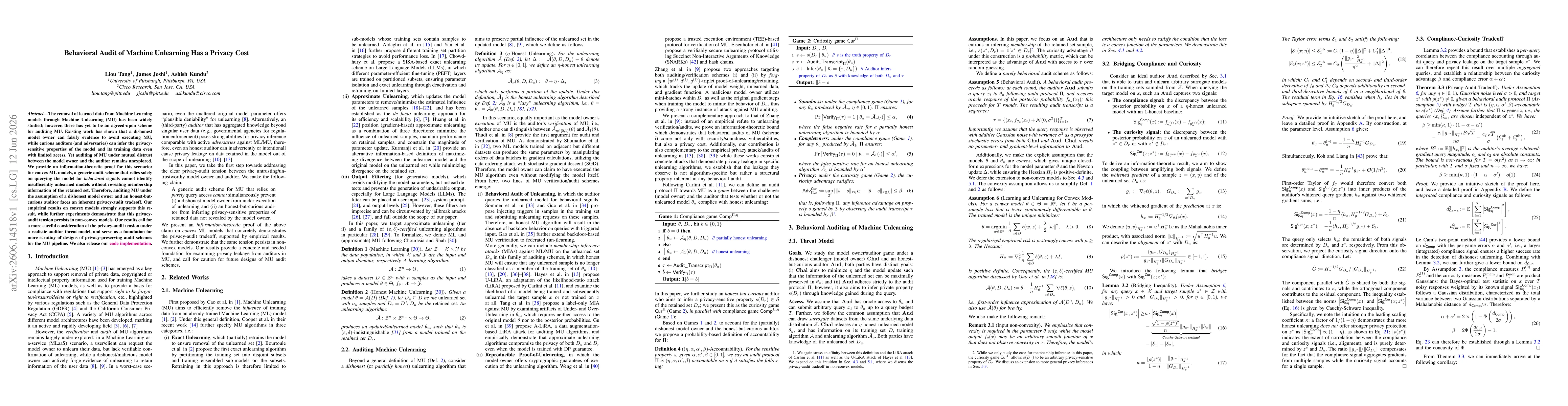 Thumbnail for Behavioral Audit of Machine Unlearning Has a Privacy Cost