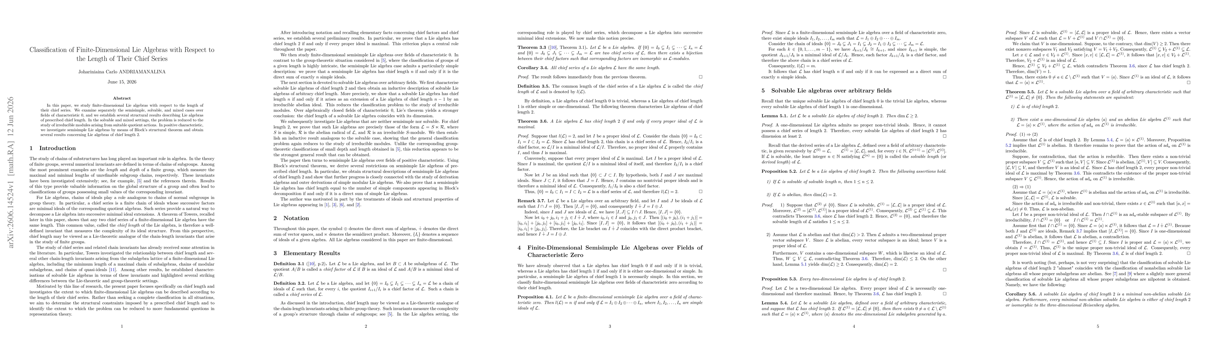 Thumbnail for Classification of Finite-Dimensional Lie Algebras with Respect to the Length of Their Chief Series