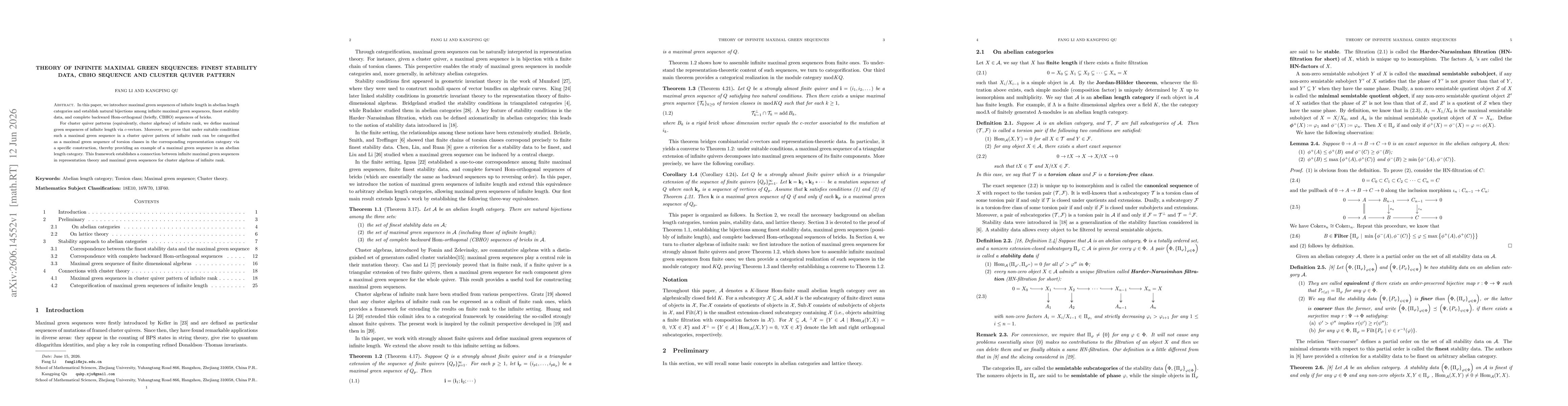 Thumbnail for Theory of Infinite Maximal Green Sequences: Finest Stability Data, CBHO Sequence and Cluster quiver pattern