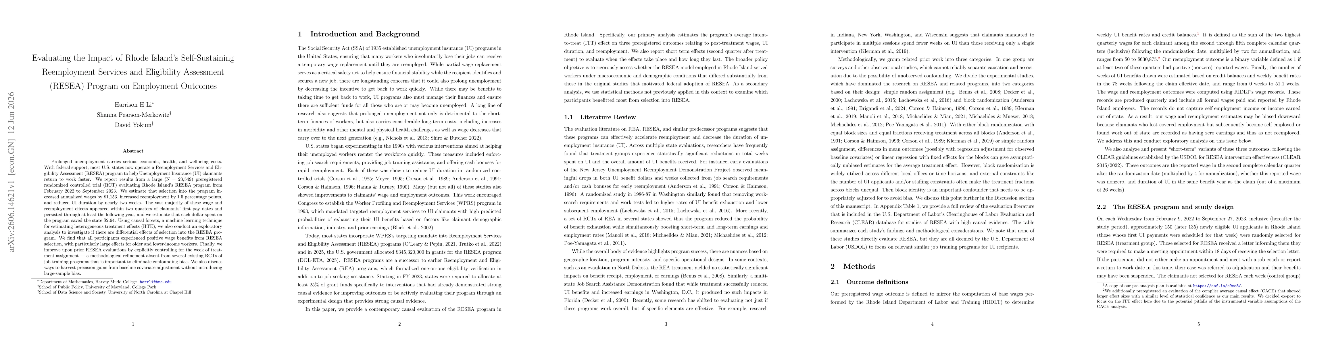 Thumbnail for Evaluating the Impact of Rhode Island's Self-Sustaining Reemployment Services and Eligibility Assessment (RESEA) Program on Employment Outcomes