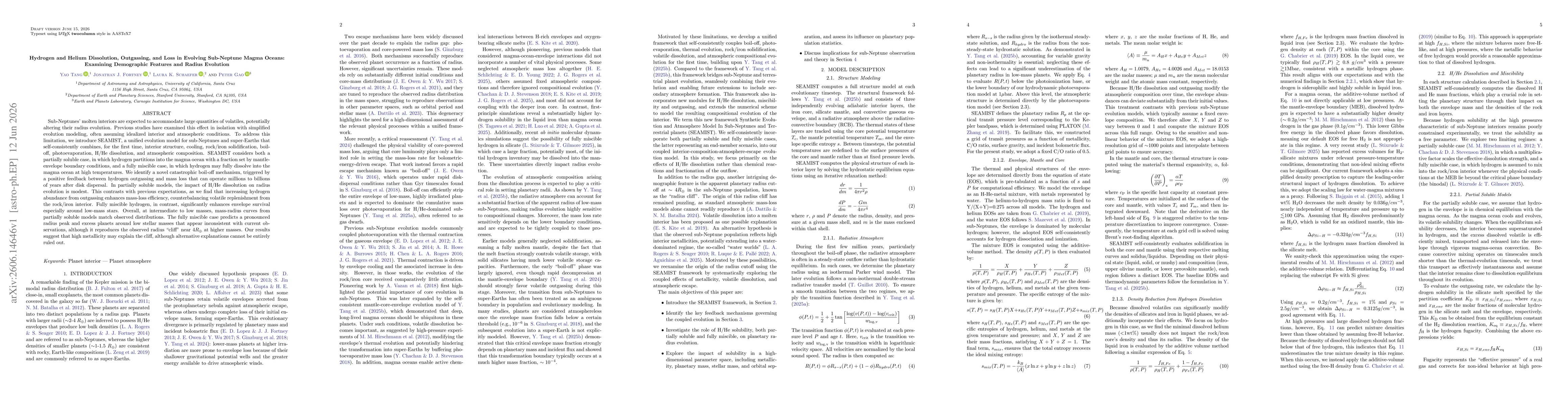 Thumbnail for Hydrogen and Helium Dissolution, Outgassing, and Loss in Evolving Sub-Neptune Magma Oceans: Examining Demographic Features and Radius Evolution