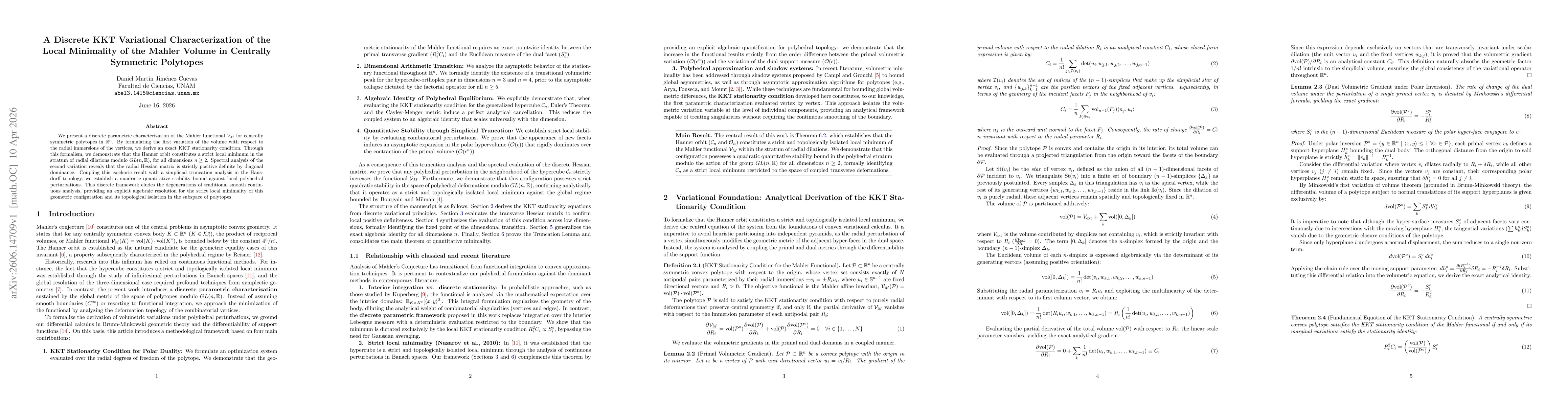 Thumbnail for A Discrete KKT Variational Characterization of the Local Minimality of the Mahler Volume in Centrally Symmetric Polytopes