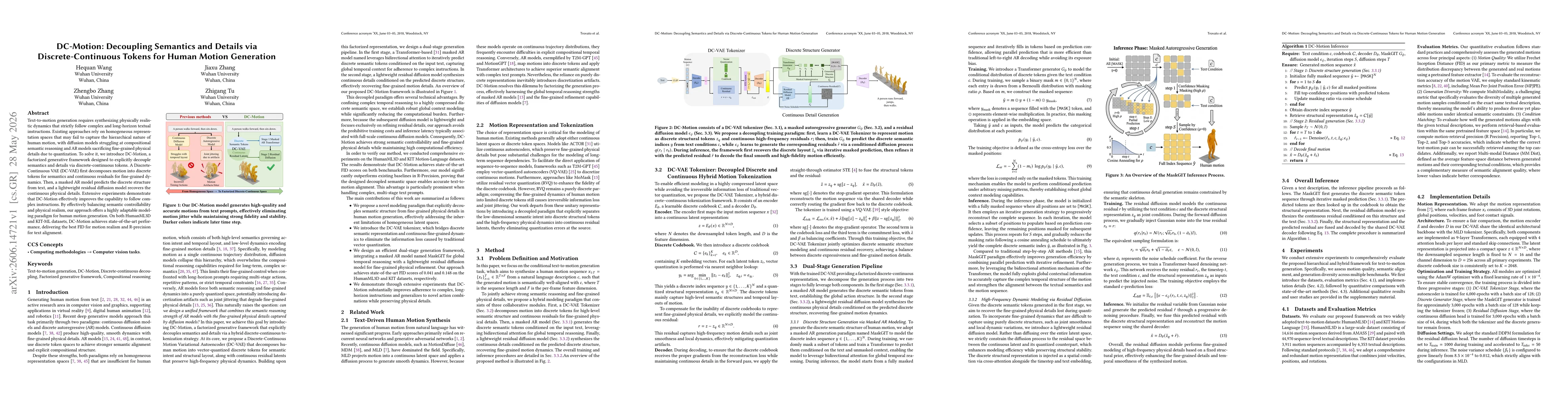 Thumbnail for DC-Motion: Decoupling Semantics and Details via Discrete-Continuous Tokens for Human Motion Generation