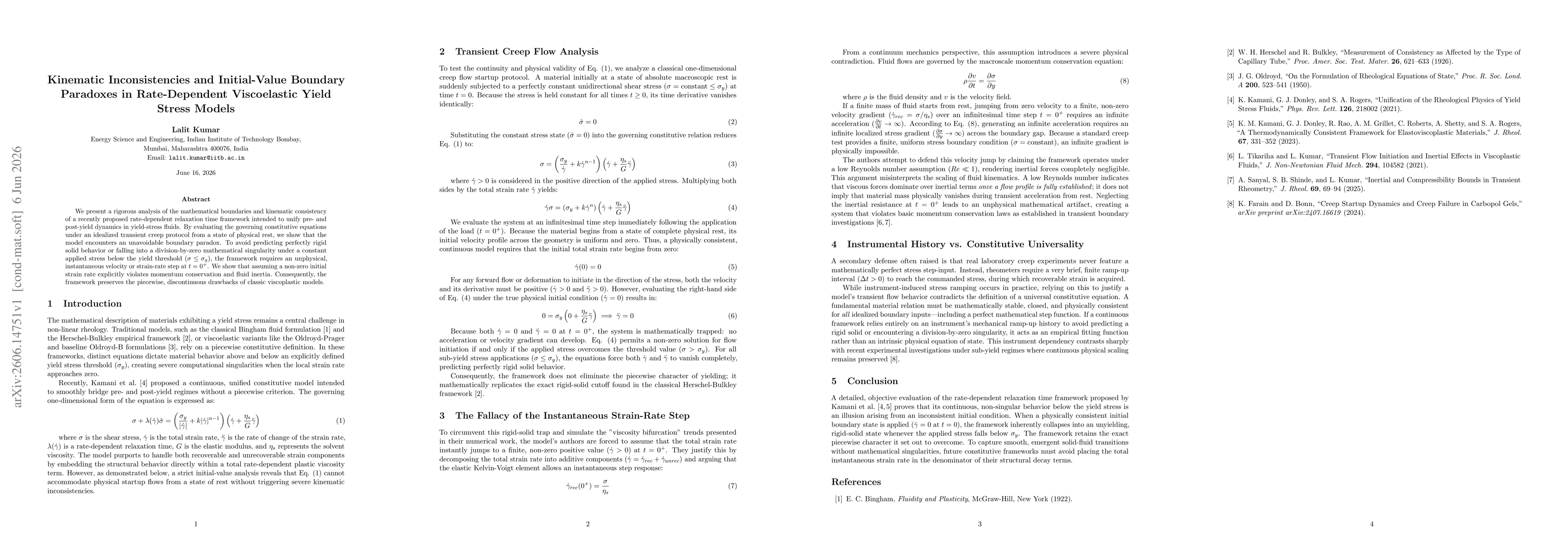 Thumbnail for Kinematic Inconsistencies and Initial-Value Boundary Paradoxes in Rate-Dependent Viscoelastic Yield Stress Models