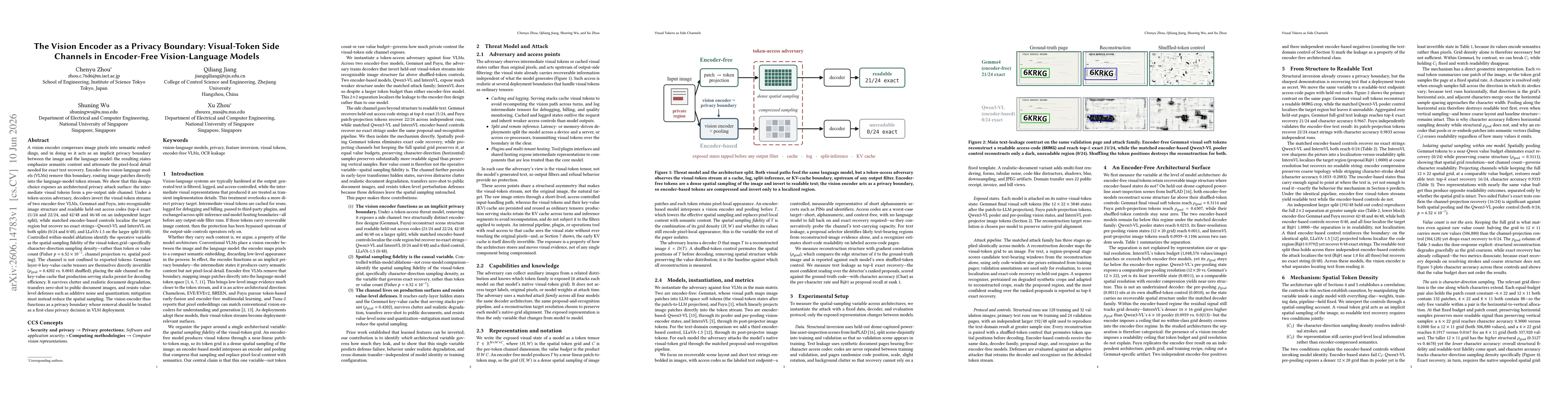 Thumbnail for The Vision Encoder as a Privacy Boundary: Visual-Token Side Channels in Encoder-Free Vision-Language Models