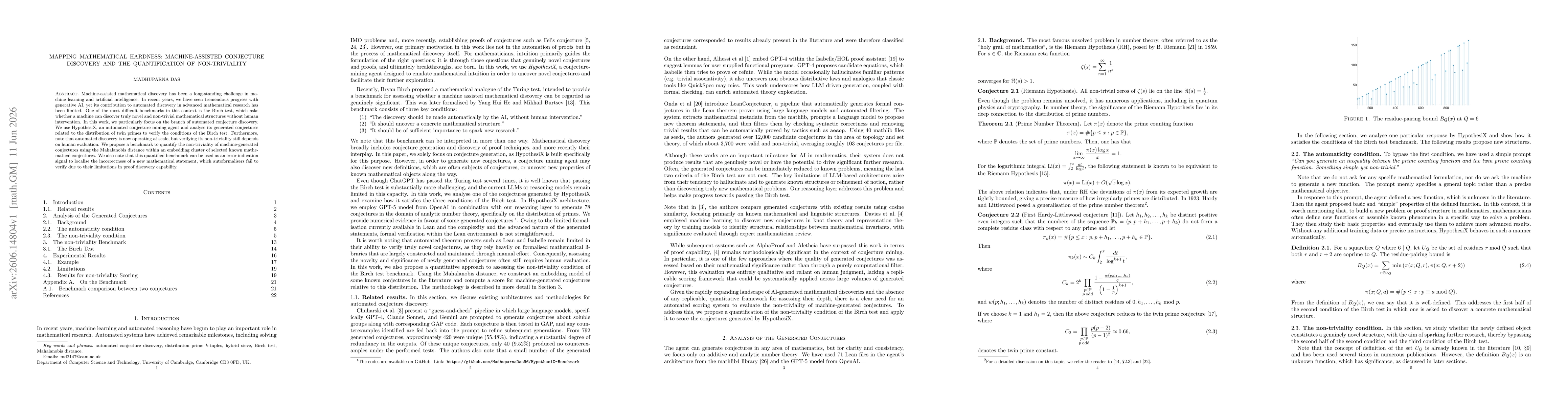 Thumbnail for Mapping Mathematical Hardness: Machine-Assisted Conjecture Discovery and the Quantification of Non-Triviality