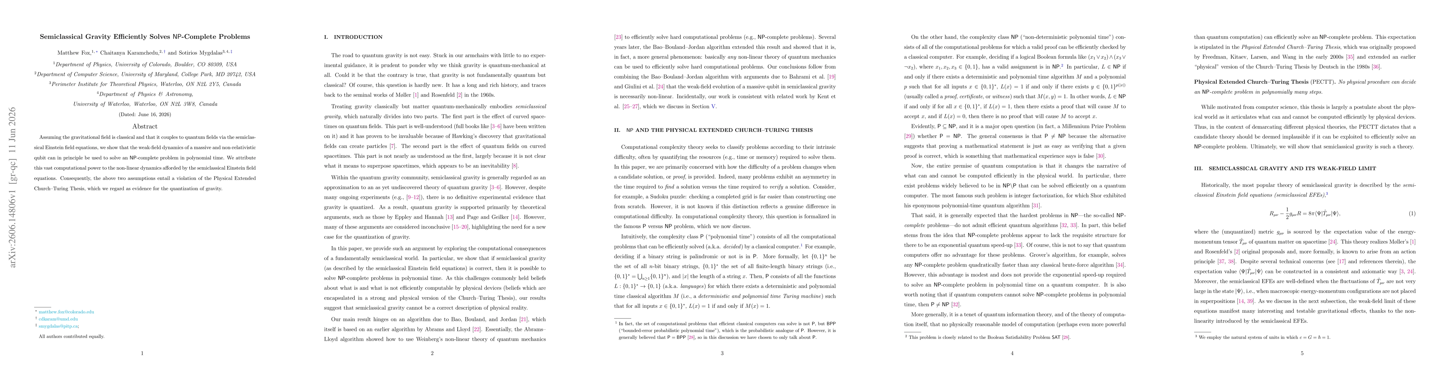 Thumbnail for Semiclassical Gravity Efficiently Solves $\mathsf{NP}$-Complete Problems